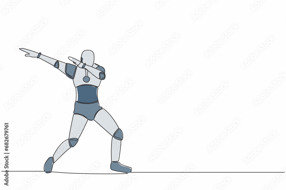Poster single continuous line happy robot standing with crossing arms and look down. future robotic develop