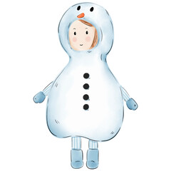 A girl wearing a snowman costume watercolor illustration