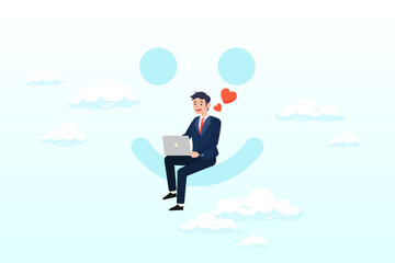 Happy businessman working with computer laptop on smile face with lovely heart metaphor of happiness and joyful, work happiness, enjoy working or career satisfaction, loving job or passion (Vector)