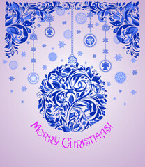 Craft greeting card for winter holidays with decorative cut out floral blue border, hanging Christmas ball, angels and snowflakes