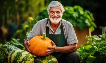 A Man Holding a Pumpkin in a Serene Autumn Garden