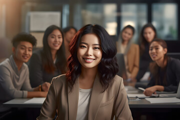 Obraz premium Happy smiling Asian young woman working with business people in a meeting office