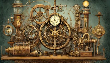 Design imaginative steampunk machinery or gadgets set in a Victorian-era-inspired worl 