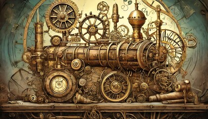 Fototapeta na wymiar Design imaginative steampunk machinery or gadgets set in a Victorian-era-inspired worl 