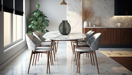 dining room interior Interior design of modern dining room, marble table and wooden chairs