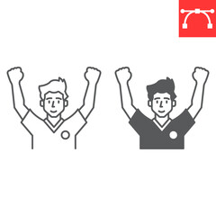 Soccer fan line and glyph icon, sport and person, winner man vector icon, vector graphics, editable stroke outline sign, eps 10.