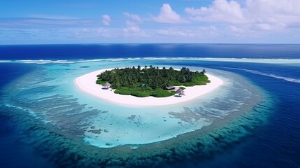 an island with trees and blue water