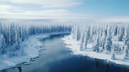 a river with snow covered trees