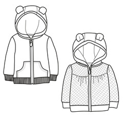Unisex baby hooded design vector flat sketch template. Outerwear jackets technical fashion illustration. © Arfa Yudha