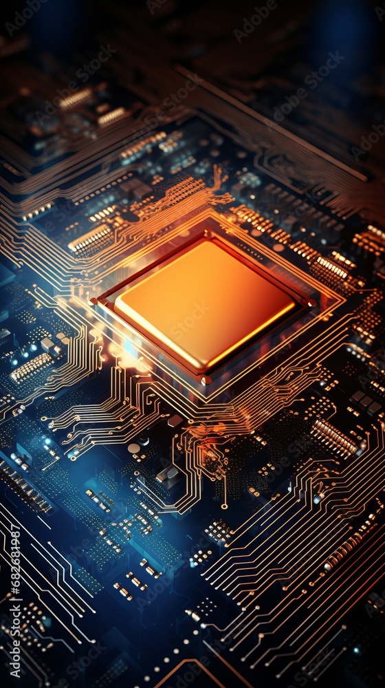 Fototapete a macro image of processor or graphic card and electronic circuit, technological device storing memo