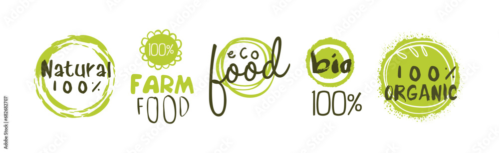 Sticker eco natural food green label and emblem vector set