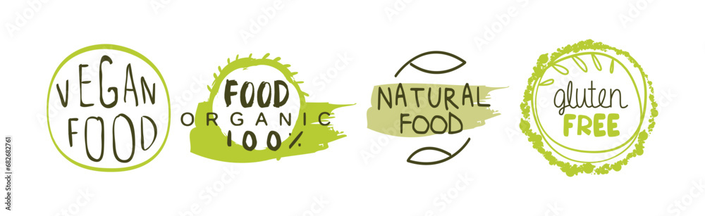 Wall mural eco natural food green label and emblem vector set