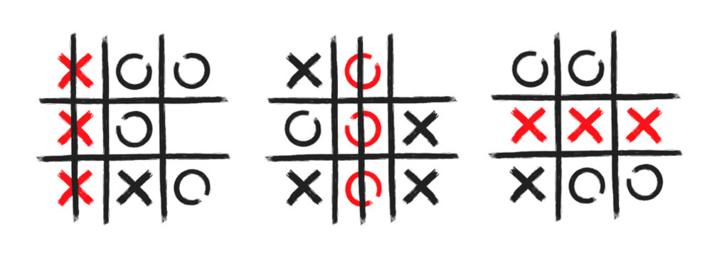 Tic tac toe xo game hand drawn grid doodle template vector illustration set isolated on white background
