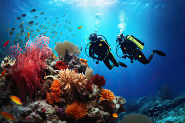 Divers swimming over a coral reef in the sea.