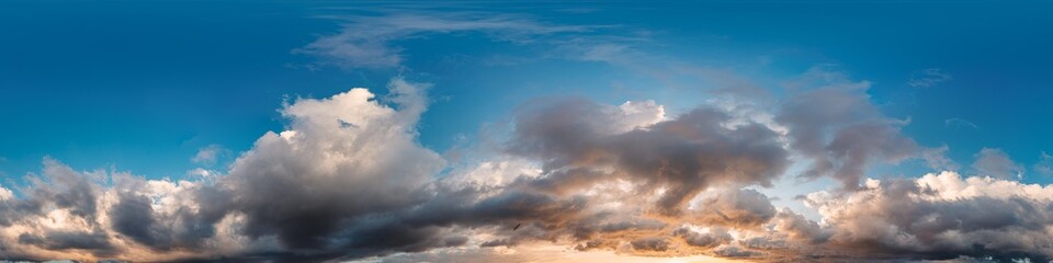 Dramatic sunset sky panorama with bright glowing red pink Cumulus clouds. HDR 360 seamless spherical panorama. Sky dome in 3D, sky replacement for aerial drone panoramas. Weather and climate change.