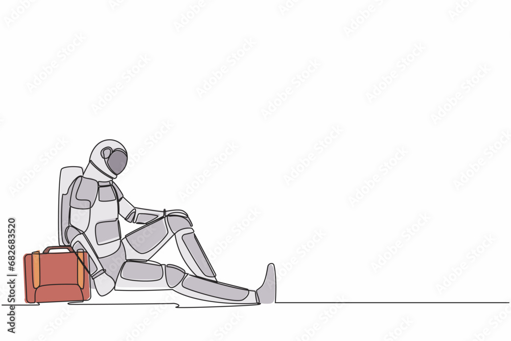 Poster single continuous line drawing astronaut with briefcase sitting in despair on the floor. sad express
