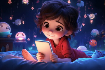 A little girl with short hairstyle cartoon character lying on a bed and watching on a smartphone screen at night. Generative AI.