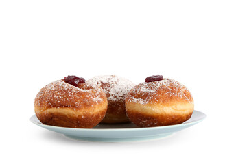 Obraz na płótnie Canvas Plate with tasty donuts isolated on white background. Hanukkah celebration