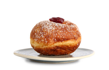 Plate with tasty donut isolated on white background. Hanukkah celebration