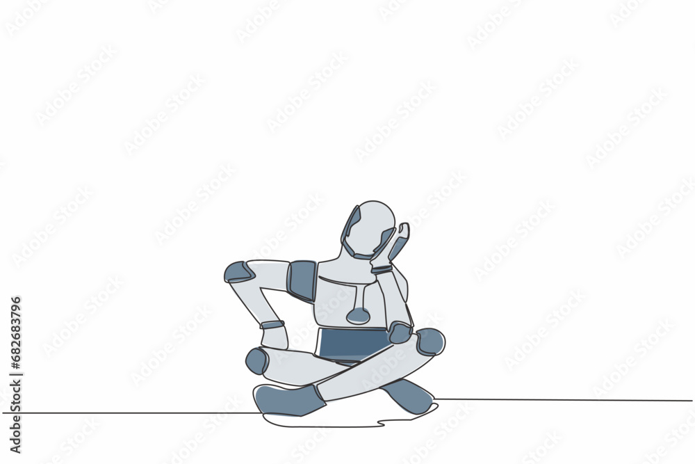 Poster single one line drawing robot sitting with support his head and confused because get into problem. r