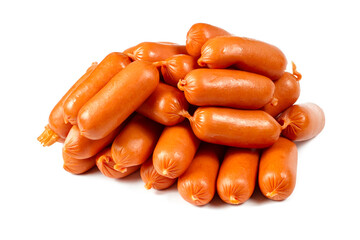 A large pile of sausages on a white background. Lots of fresh natural sausages.