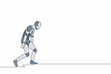Single continuous line drawing sad robot bowed down. Feeling lonely and having mental pressure or stress. Artificial intelligence and machine learning process. One line draw design vector illustration