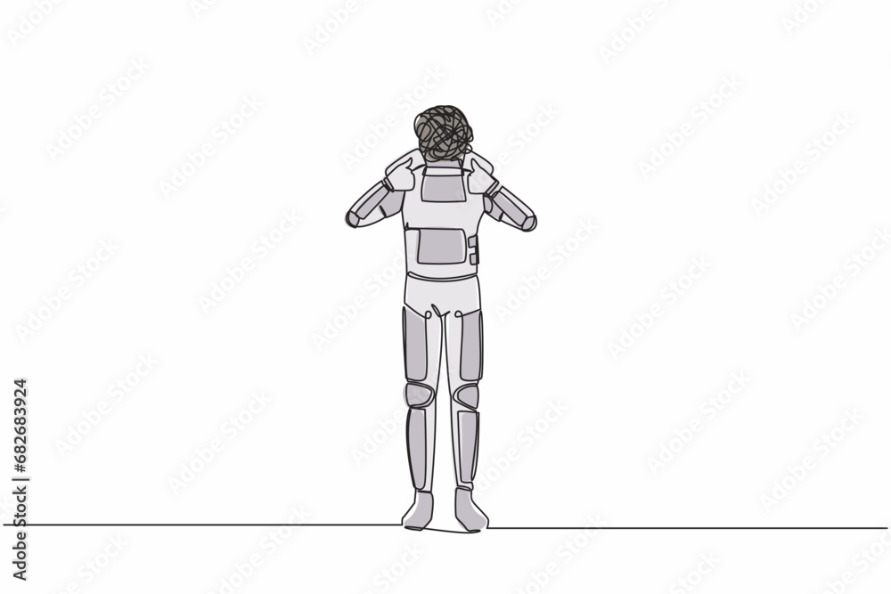 Poster single continuous line drawing astronaut with round scribbles instead of head. confused spaceman sho