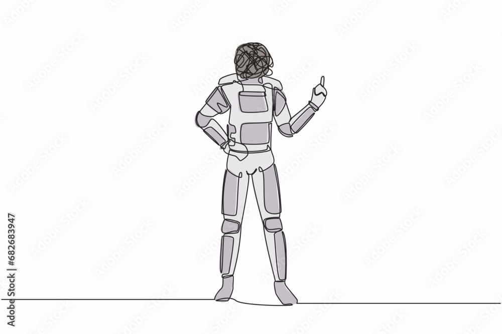 Poster single continuous line drawing astronaut with round scribbles instead of head, standing showing thre