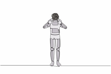 Single continuous line drawing astronaut with round scribbles instead of head. Confused spaceman showing thumb up. Deal, like, agree. Cosmonaut deep space. One line graphic design vector illustration