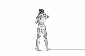 Fototapeta premium Single one line drawing astronaut with round scribbles instead of head. Stop working, time break gesture, timeout signal. Pause. Cosmic galaxy space. Continuous line graphic design vector illustration