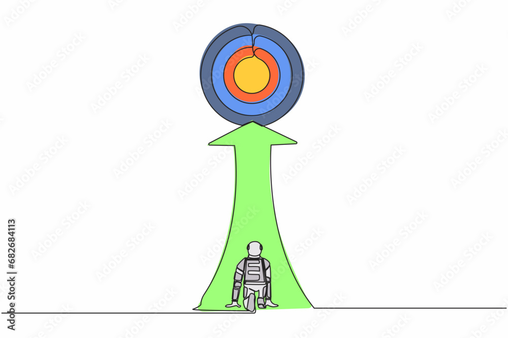 Poster continuous one line drawing back view astronaut ready to run to big target board at end of route. fu