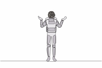 Fototapeta na wymiar Single continuous line drawing of young astronaut with round scribble instead of head, standing with two hand raised asking questions. Cosmonaut deep space. One line graphic design vector illustration