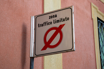 Zona Traffico Limitato italian text means limited traffic zone sign panel in Italia city...