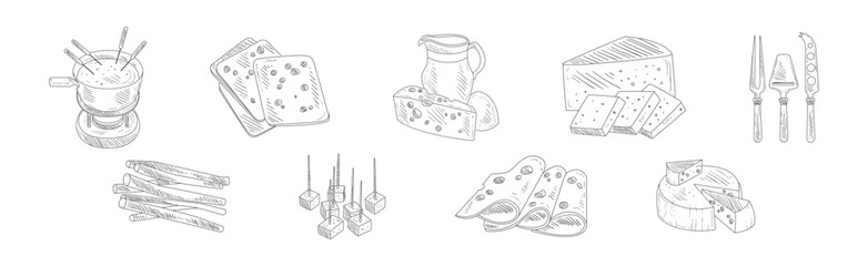 Cheese Hand Drawn Dairy Food Serving Element Vector Set