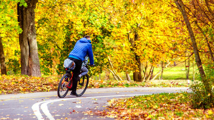 Naklejka premium Cyclist ride on the bike path in the city Park 