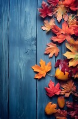 Obraz premium Navy Blue Woodgrain Background with Autumn Foliage AI generated