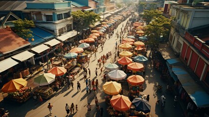 a busy street with many people and umbrellas