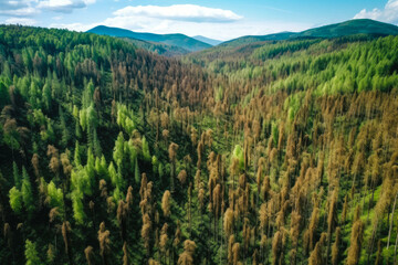 Hillside of pine trees, with many dying due to drought and bark beetle kill