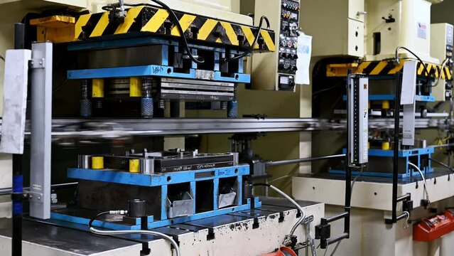 Extrusion press machine operates with metal at plant