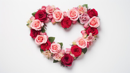 The heart shape made of red and pink roses on a white background. 