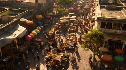 a street full of people and umbrellas - obrazy, fototapety, plakaty