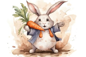 hands carrot big runs bunny Cute character Watercolor