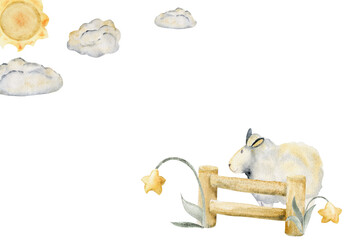 Watercolor hand drawn illustration, cute little plush baby sheep jumping fence, star flowers, sun and clouds Composition isolated on white background. For kids children bedroom, fabric, linens print