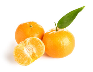 Sweet mandarins with leaf on white background