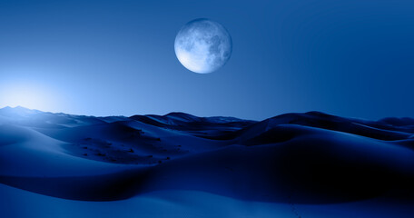 Beautiful sand dunes in the Sahara desert at sunrise with super full moon - Sahara, Morocco...