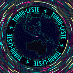 Timor-Leste on globe. Satellite view of the world centered on Timor-Leste. Bright neon style. Futuristic radial bricks background. Beautiful vector illustration.