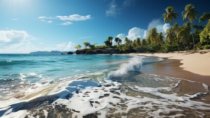 Tropical beach with palm trees, waves, and clear blue water.