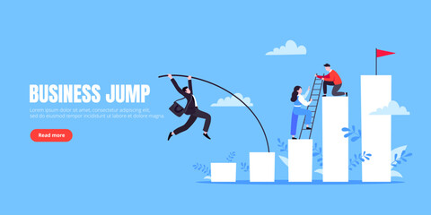 Businessman jumps pole vault over graph bars flat style design vector illustration. - obrazy, fototapety, plakaty