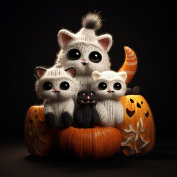 Cute halloween themed animals on a knitted