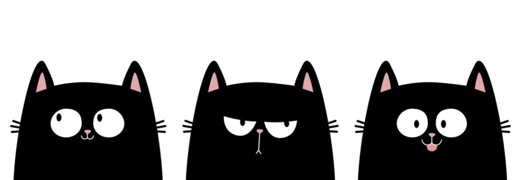 Black cat kitten kitty icon banner set. Sad, happy, surprised emotion. Cute kawaii cartoon character. Happy Valentines Day. Greeting card, tshirt, sticker print template. White background. Flat design